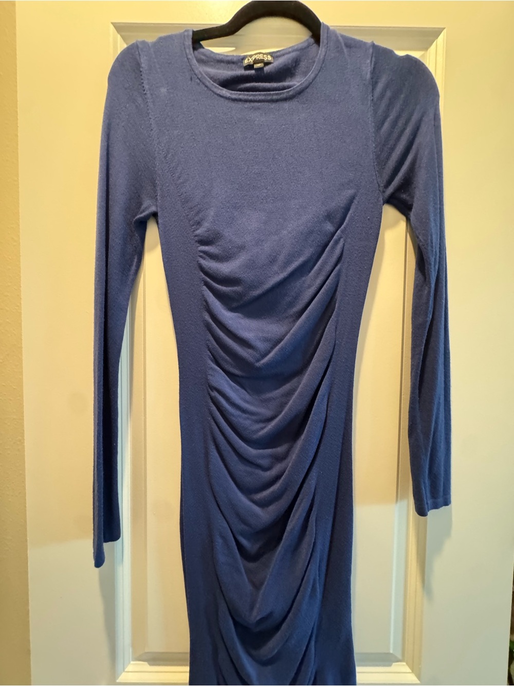 Express Navy Long Sleeve Ruched Midi Dress